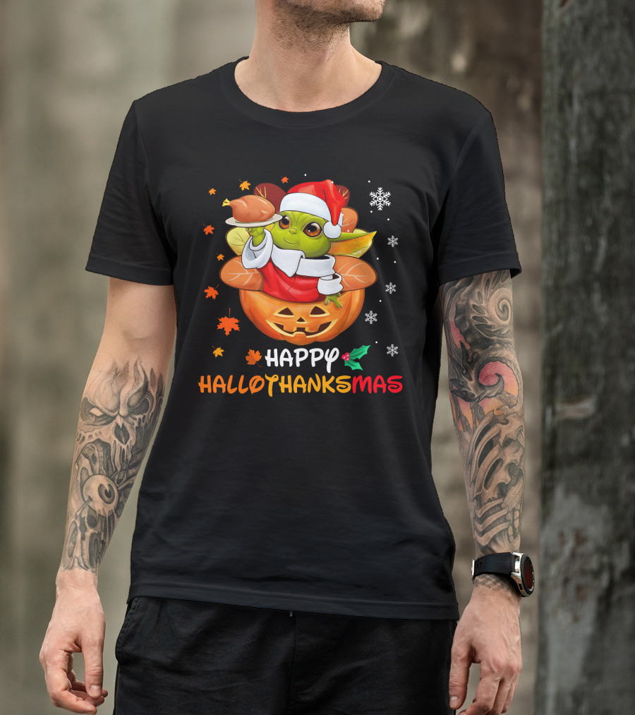Happy Hallothanksmas Yd Santa Hat Pumpkin Turkey Snowflakes Leaves T-Shirt