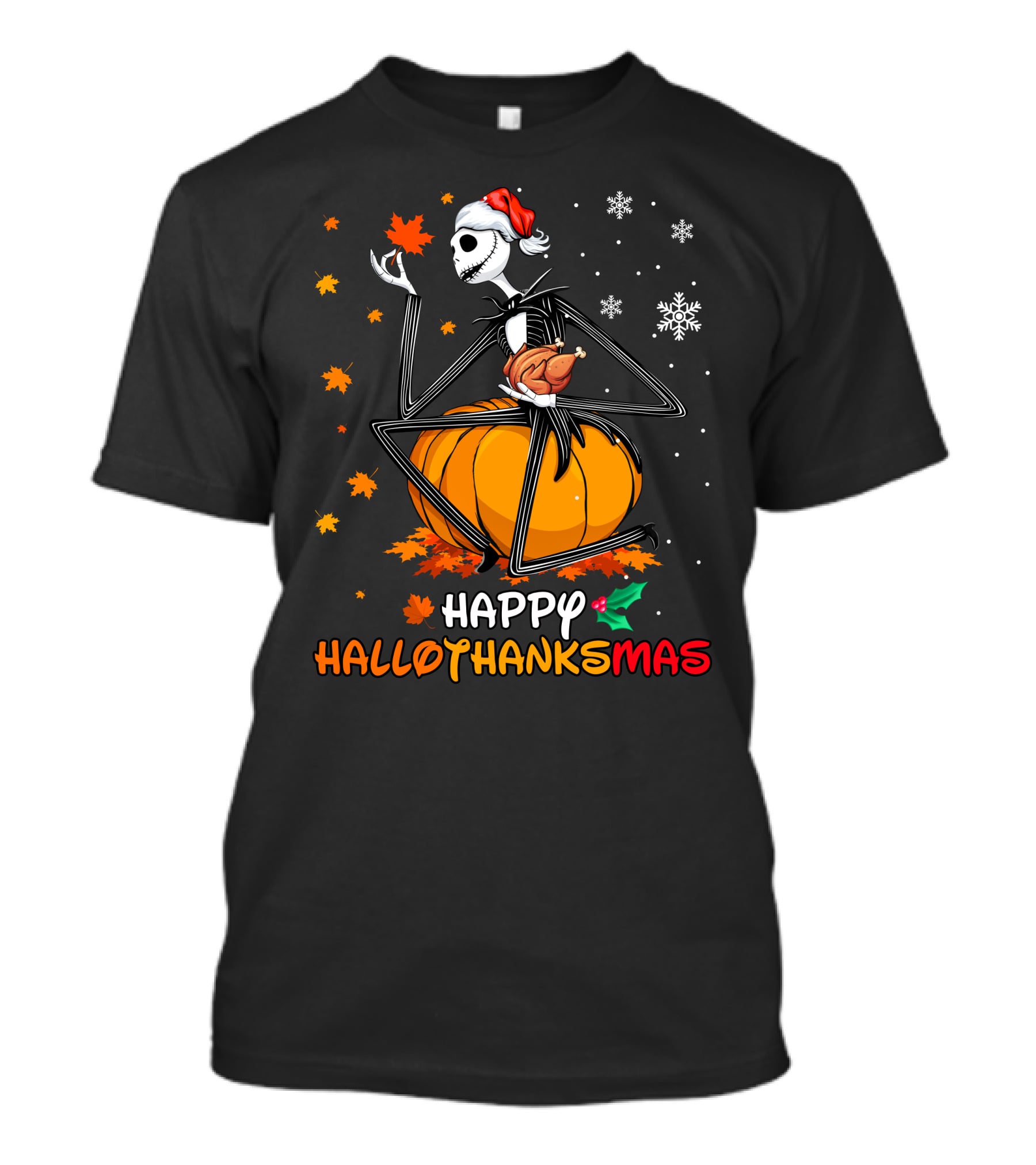 Happy Hallothanksmas Pumpkin Skeleton Holding Turkey T-Shirt