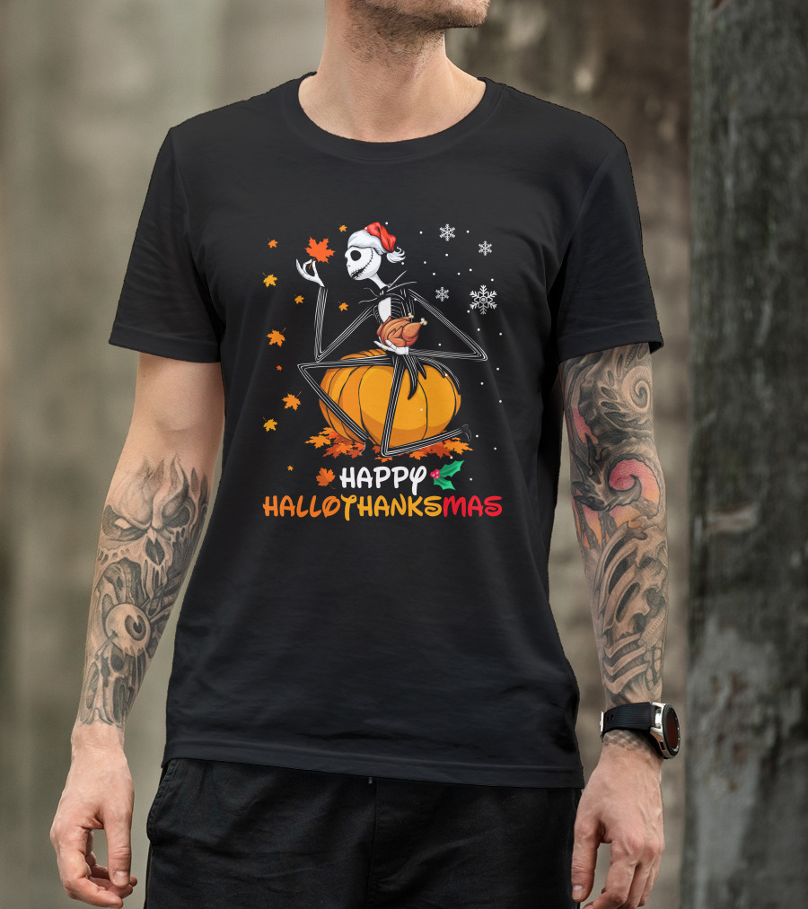 Happy Hallothanksmas Pumpkin Skeleton Holding Turkey T-Shirt