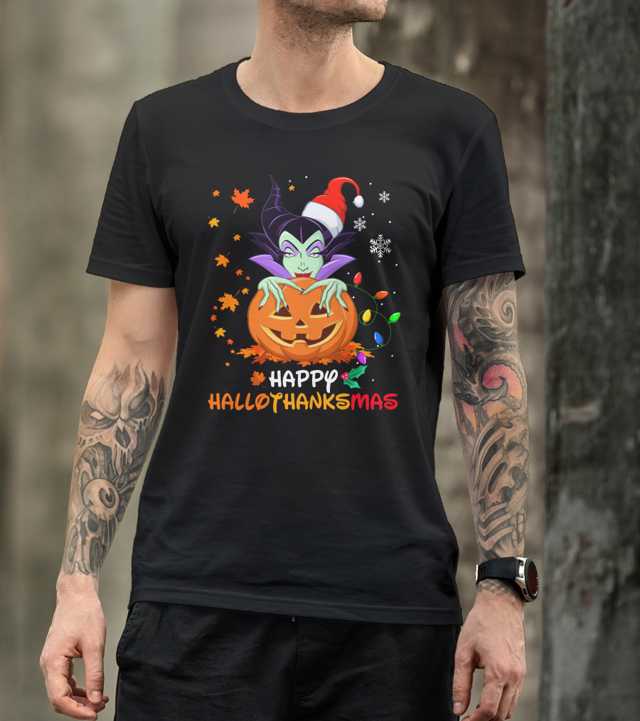 Happy Hallothanksmas Malicious Pumpkin Santa Hat Snowflakes Leaves And Lights T-Shirt