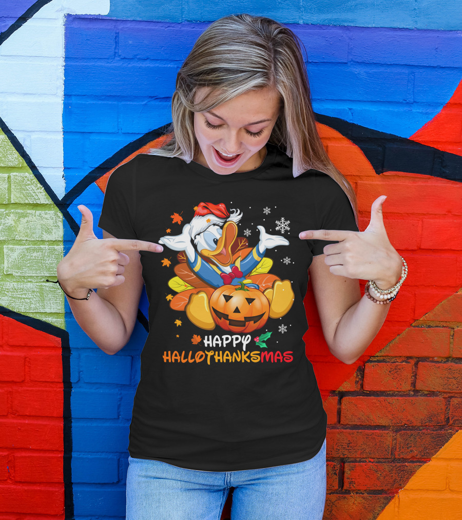 Happy Hallothanksmas Donald Duck Pumpkin Santa Hat Leaves Snowflakes T-Shirt