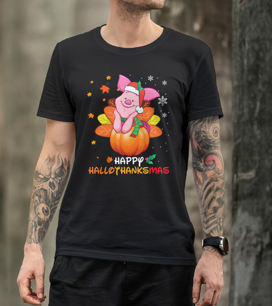Happy Hallothanksmas Piglet In Pumpkin With Santa Hat And Scarf T-Shirt