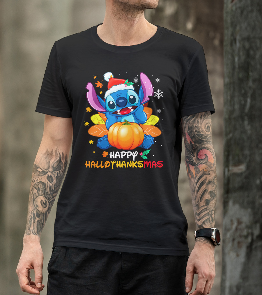Happy Hallothanksmas Winter Stitch With Pumpkin And Santa Hat T-Shirt
