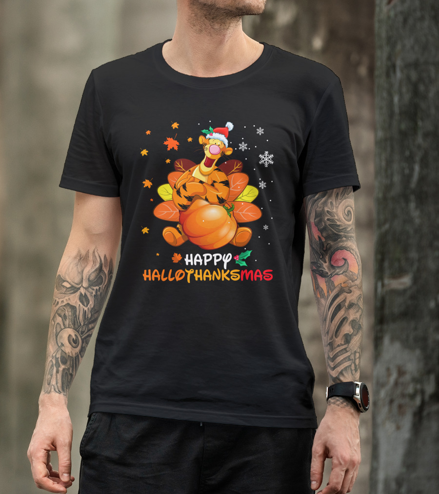 Happy Hallothanksmas Tg Tiger With Pumpkin Santa Hat And Turkey Feathers Snowflakes And Autumn Leaves T-Shirt