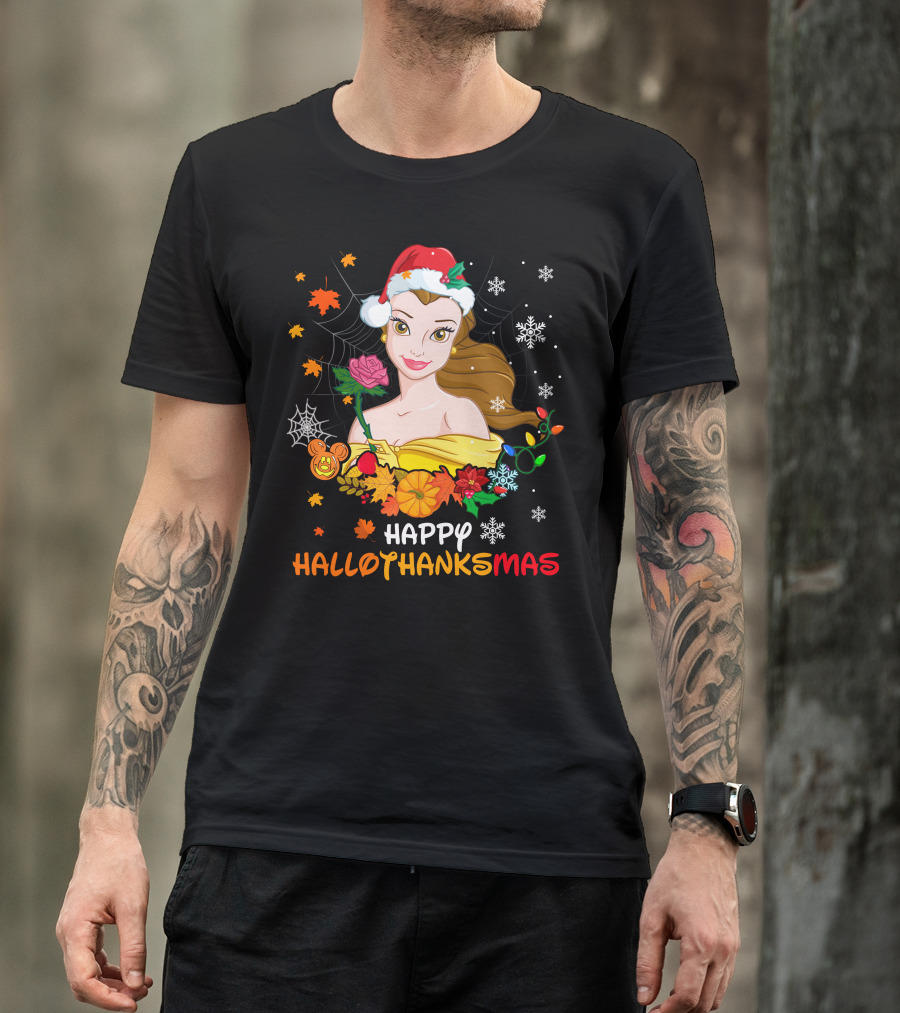 Happy Hallothanksmas - Belle In Santa Hat With Spider Webs Pumpkins And Lights T-Shirt