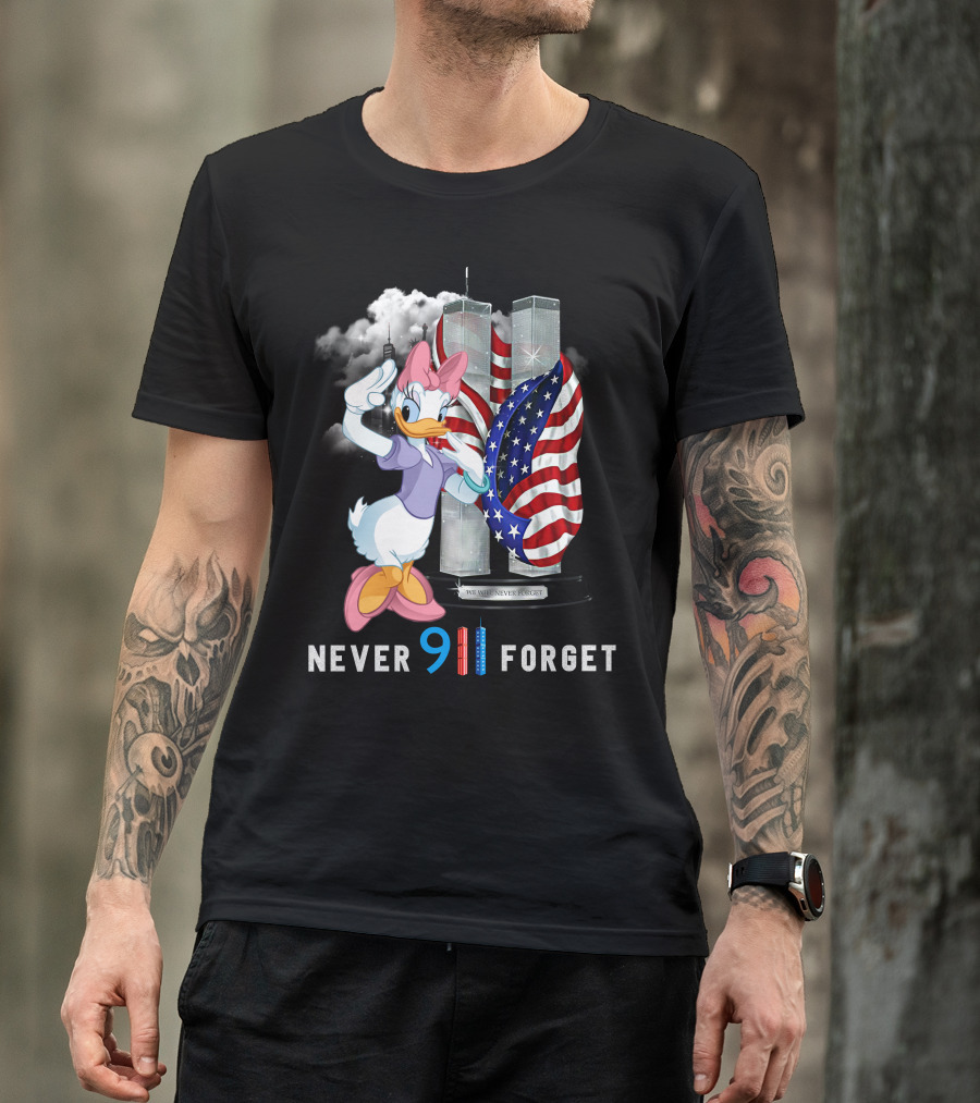 Never 9 11 Forget Daisy Twin Towers American Flag T-Shirt