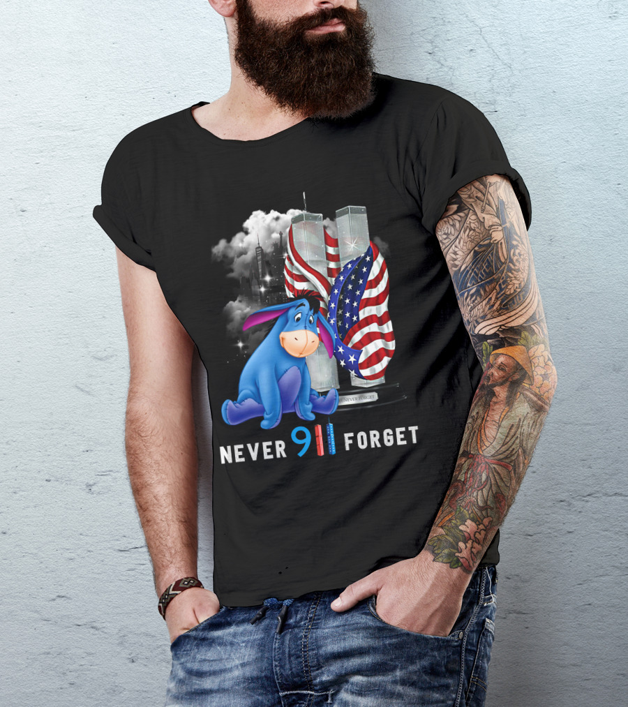 Eeyore Never 9/11 Forget Twin Towers American Flag T-Shirt