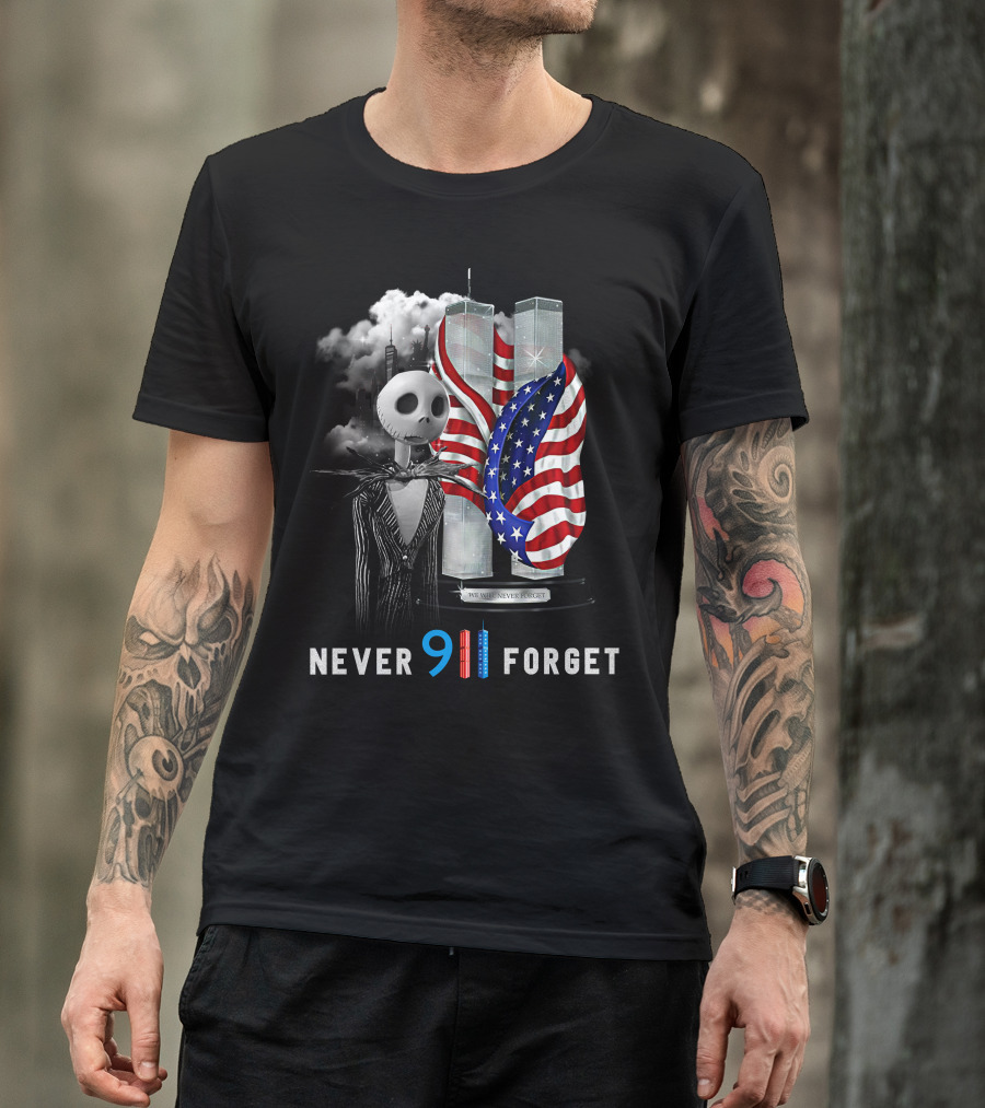 Jack Skellington Never 911 Forget Twin Towers American Flag Tribute T-Shirt