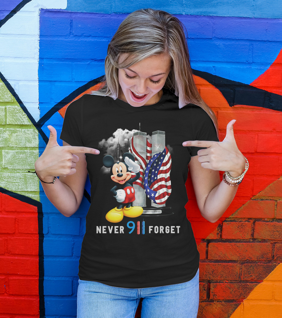 Never 9/11 Forget Mickey Twin Towers American Flag T-Shirt
