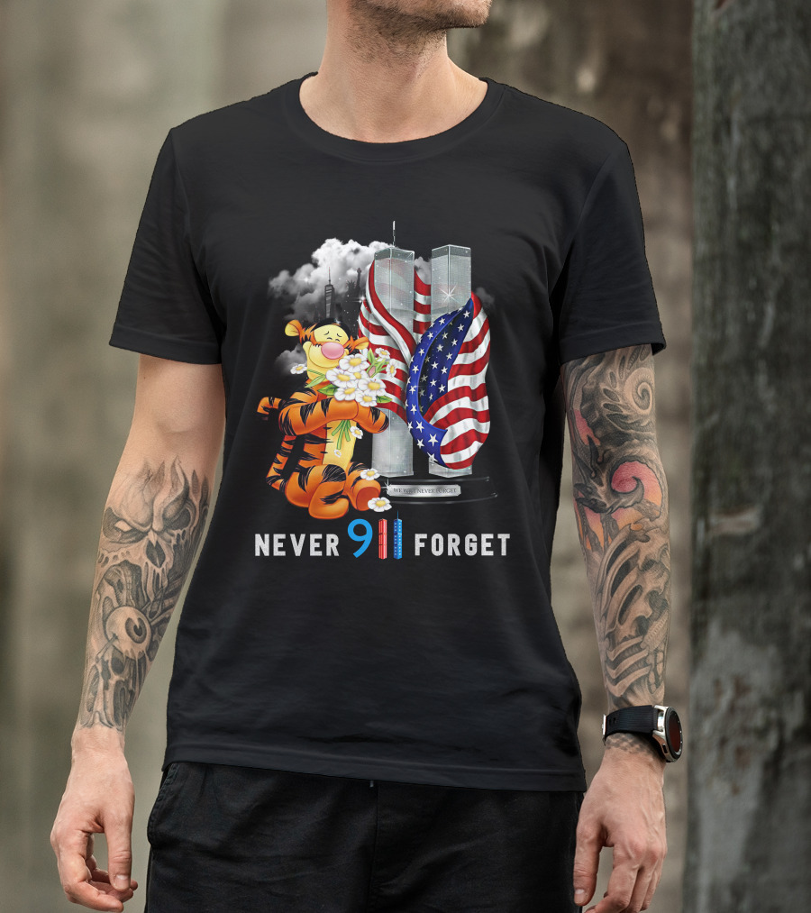 Never 911 Forget Tigger Holding Flowers Twin Towers American Flag T-Shirt