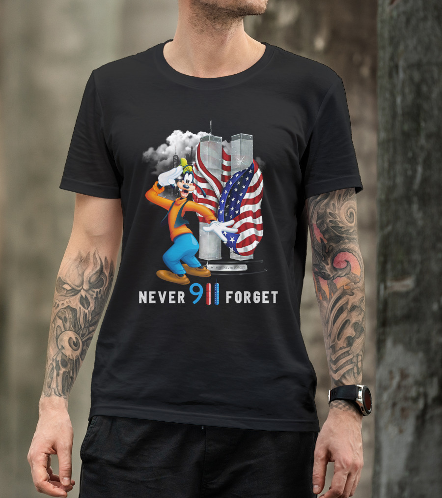 Never 911 Forget Goofy-D Twin Towers Salute American Flag T-Shirt