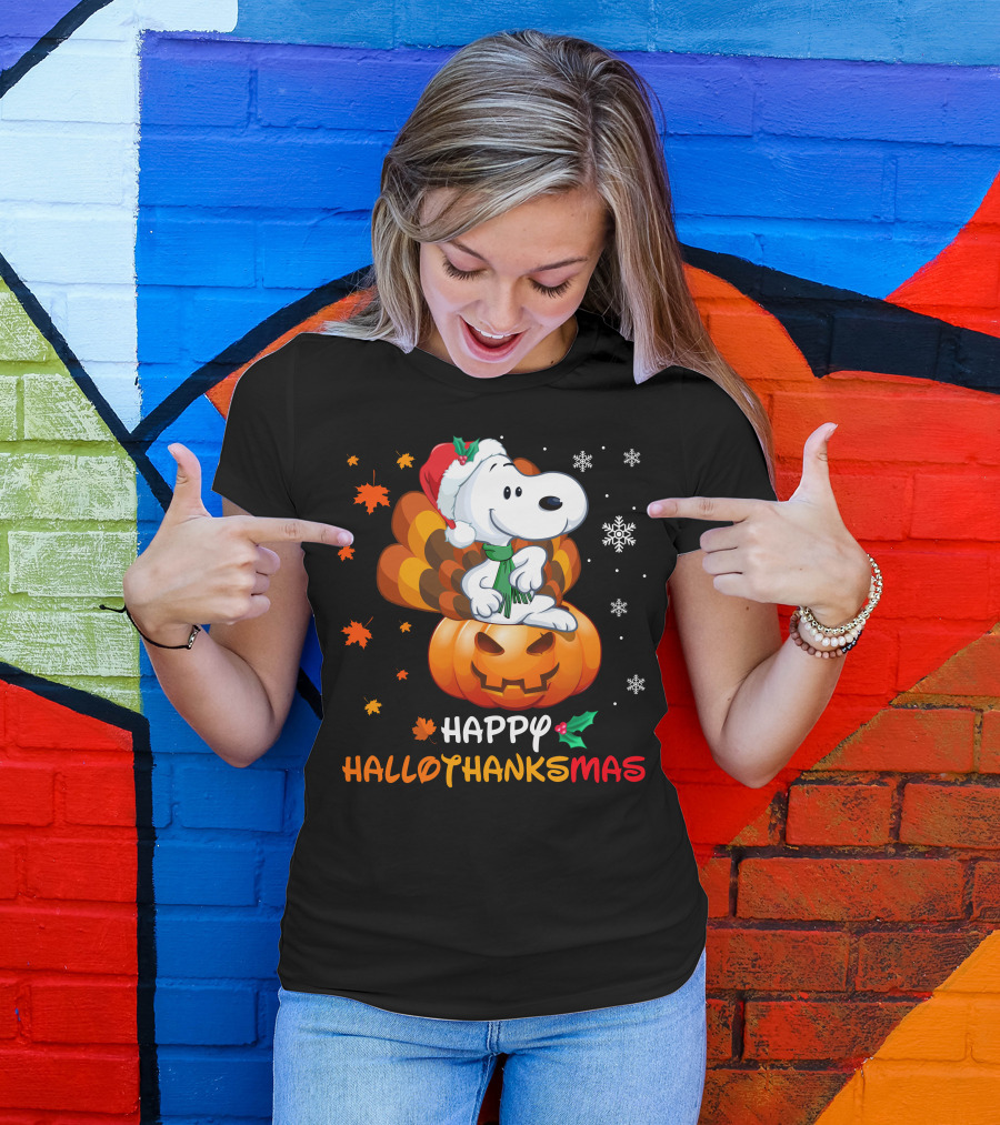 Happy Hallothanksmas Snoopy Christmas Pumpkin Turkey Leaves Snowflakes T-Shirt