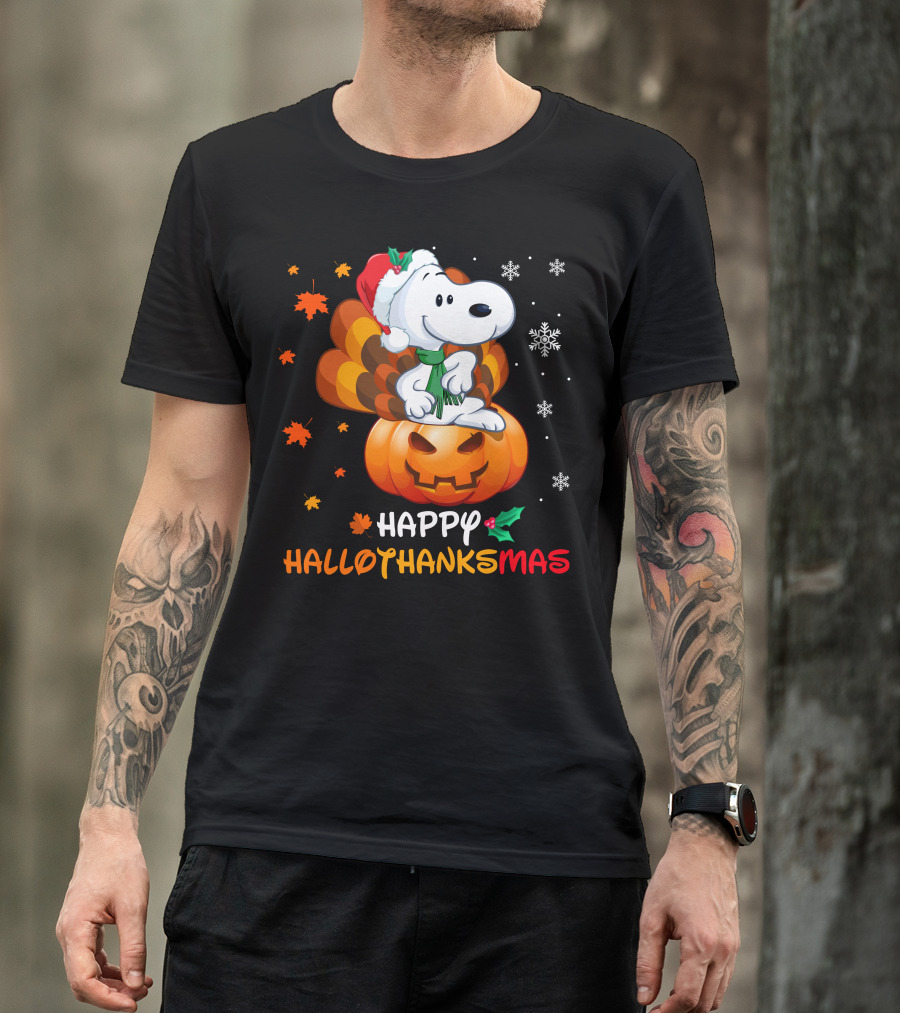 Happy Hallothanksmas Snoopy Christmas Pumpkin Turkey Leaves Snowflakes T-Shirt