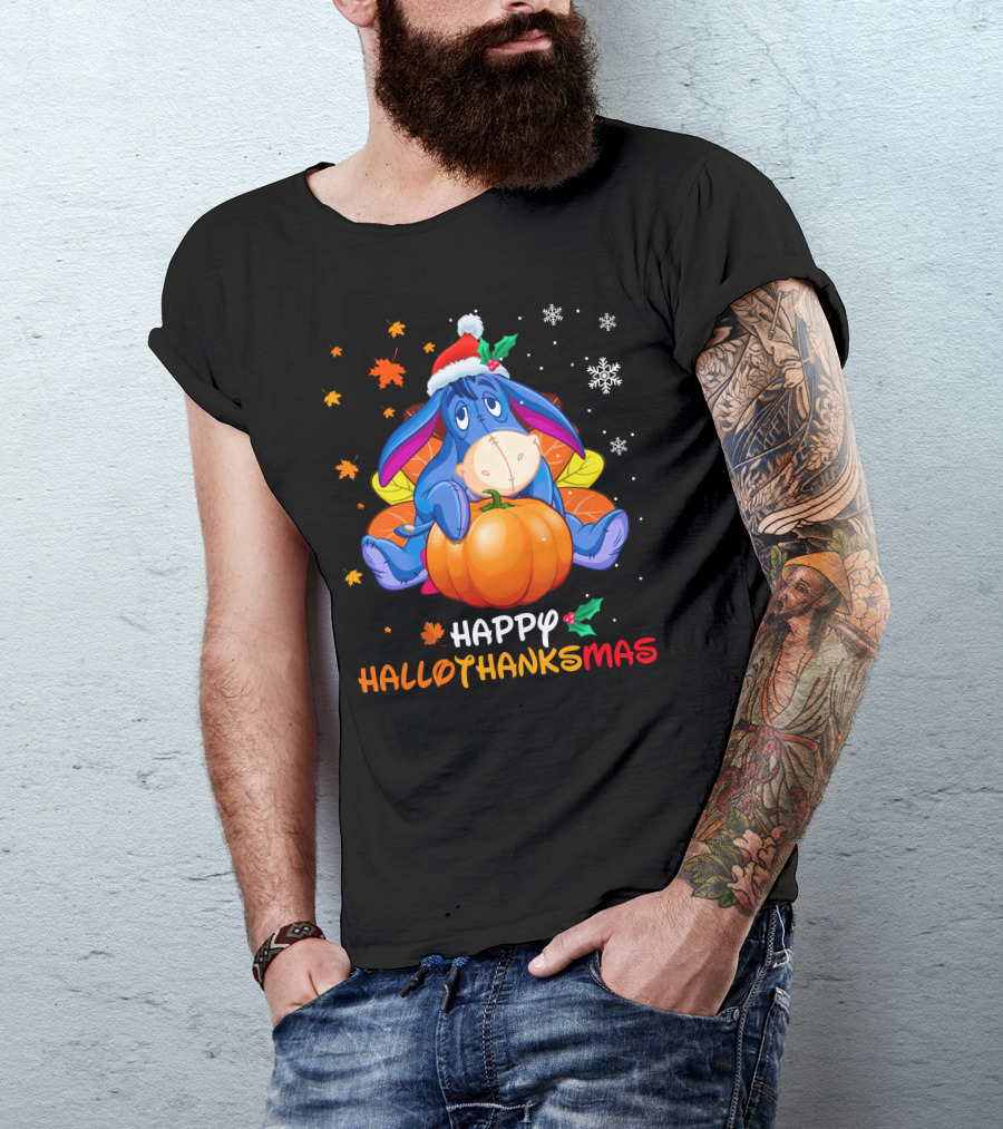 Eeyore Happy Hallothanksmas Sitting On Pumpkin With Santa Hat Snowflakes And Autumn Leaves T-Shirt