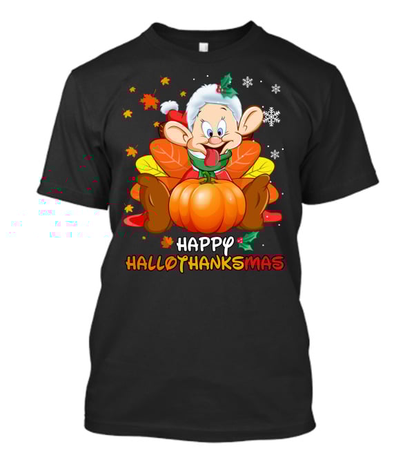 Happy Hallothanksmas Dopey Pumpkin Leaves Snowflakes T-Shirt