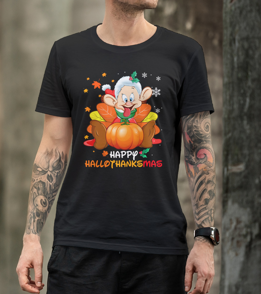 Happy Hallothanksmas Dopey Pumpkin Leaves Snowflakes T-Shirt