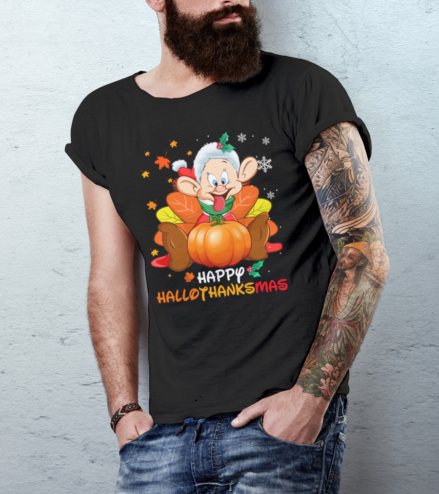 Happy Hallothanksmas Dopey Pumpkin Leaves Snowflakes T-Shirt