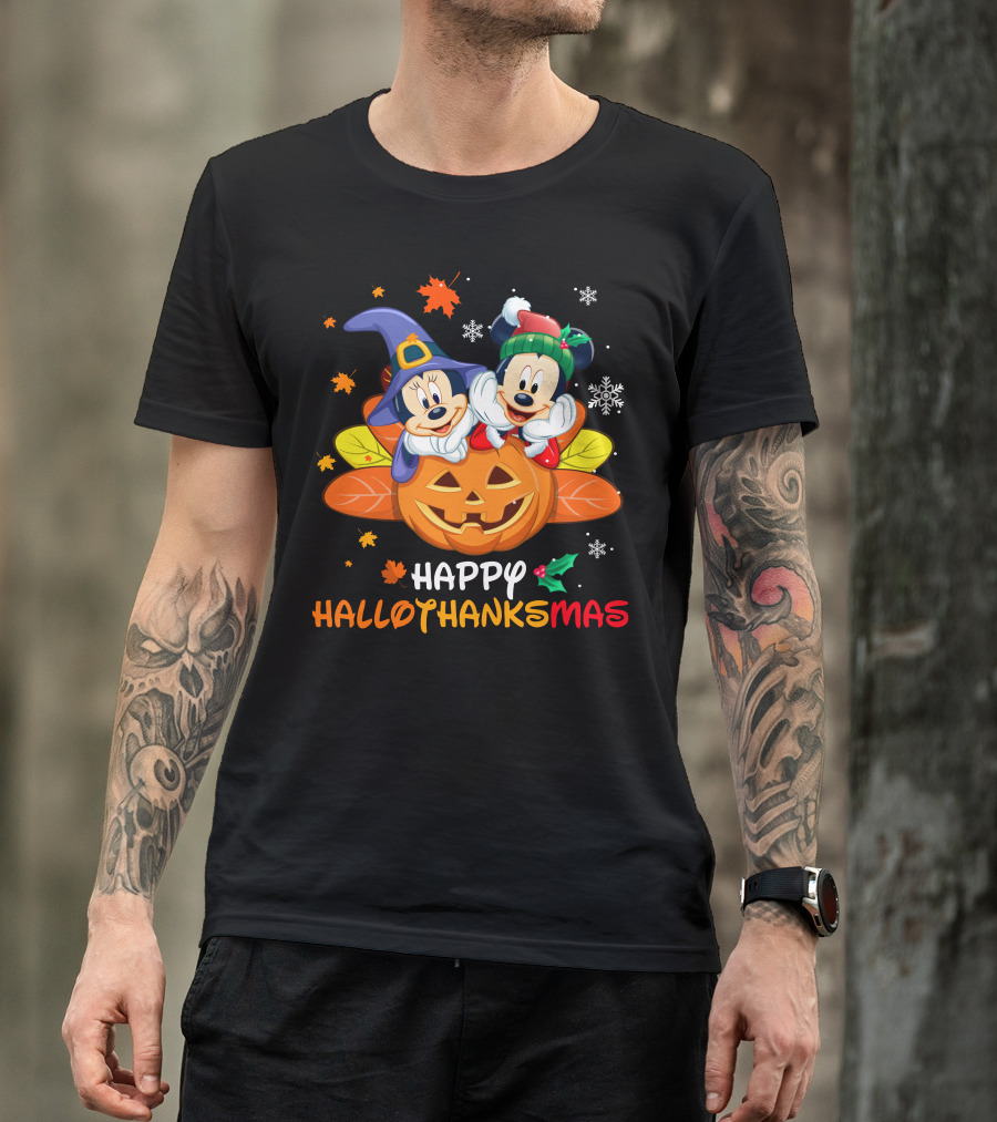 Mickey & Minnie Happy Hallothanksmas Pumpkin Snowflakes Leaves T-Shirt
