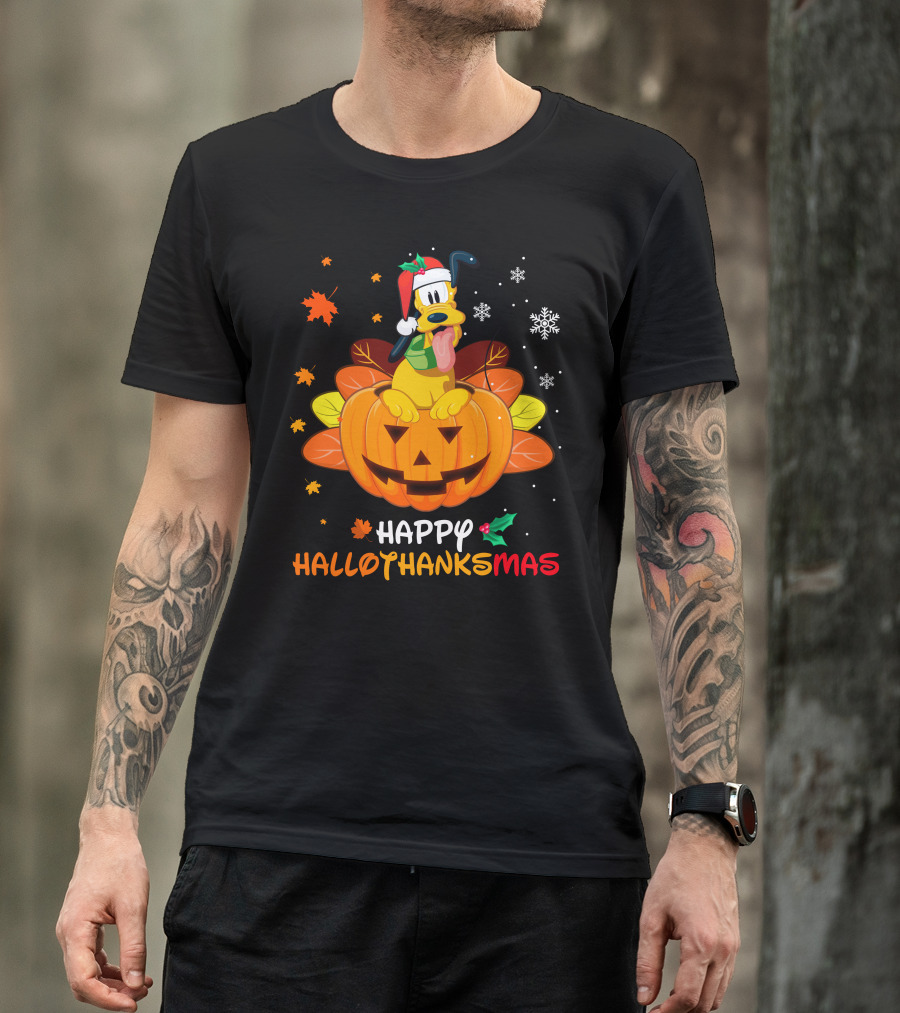 Happy Hallothanksmas Pluto Christmas Halloween Thanksgiving T-Shirt