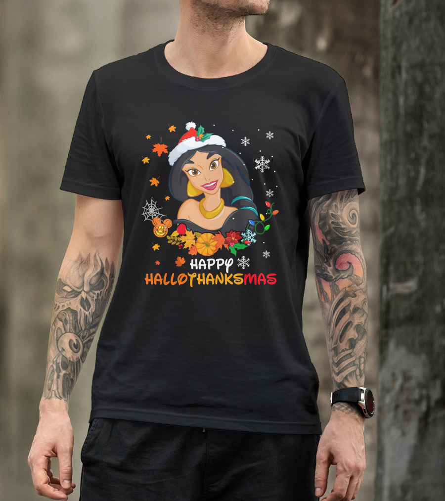 Happy Hallothanksmas Jasmine Fall Leaves Pumpkins Snowflakes T-Shirt