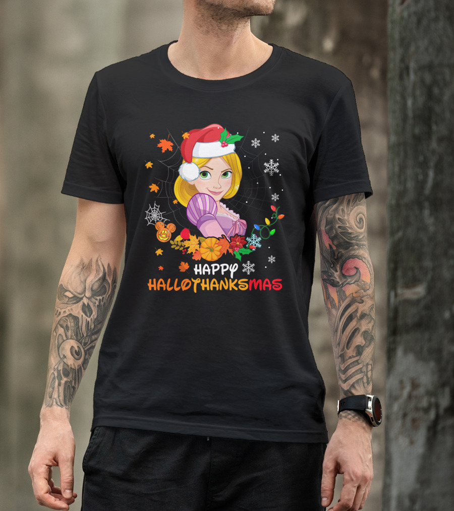 Happy Hallothanksmas Rapunzel Festive Mashup With Santa Hat Autumn Leaves And Christmas Lights T-Shirt