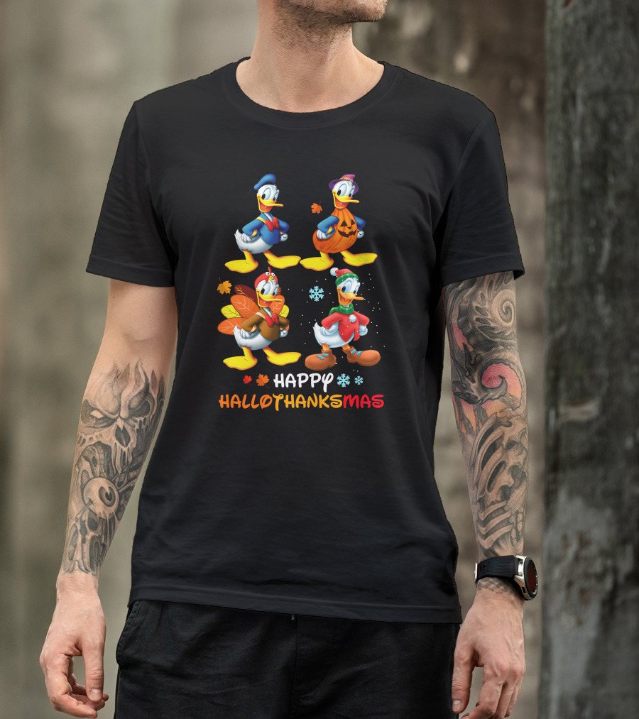 Happy Hallothanksmas Donald Duck Pumpkin Turkey Snowflakes T-Shirt