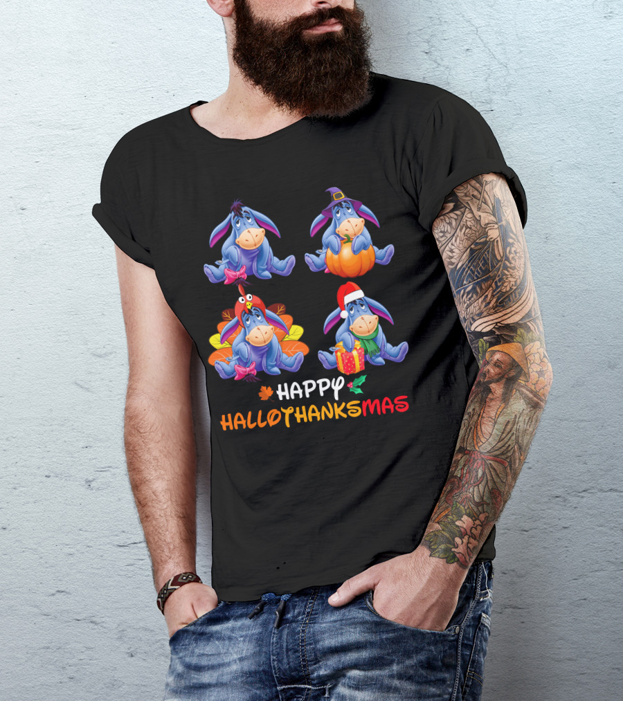Eeyore Happy Hallothanksmas Halloween Thanksgiving Christmas T-Shirt