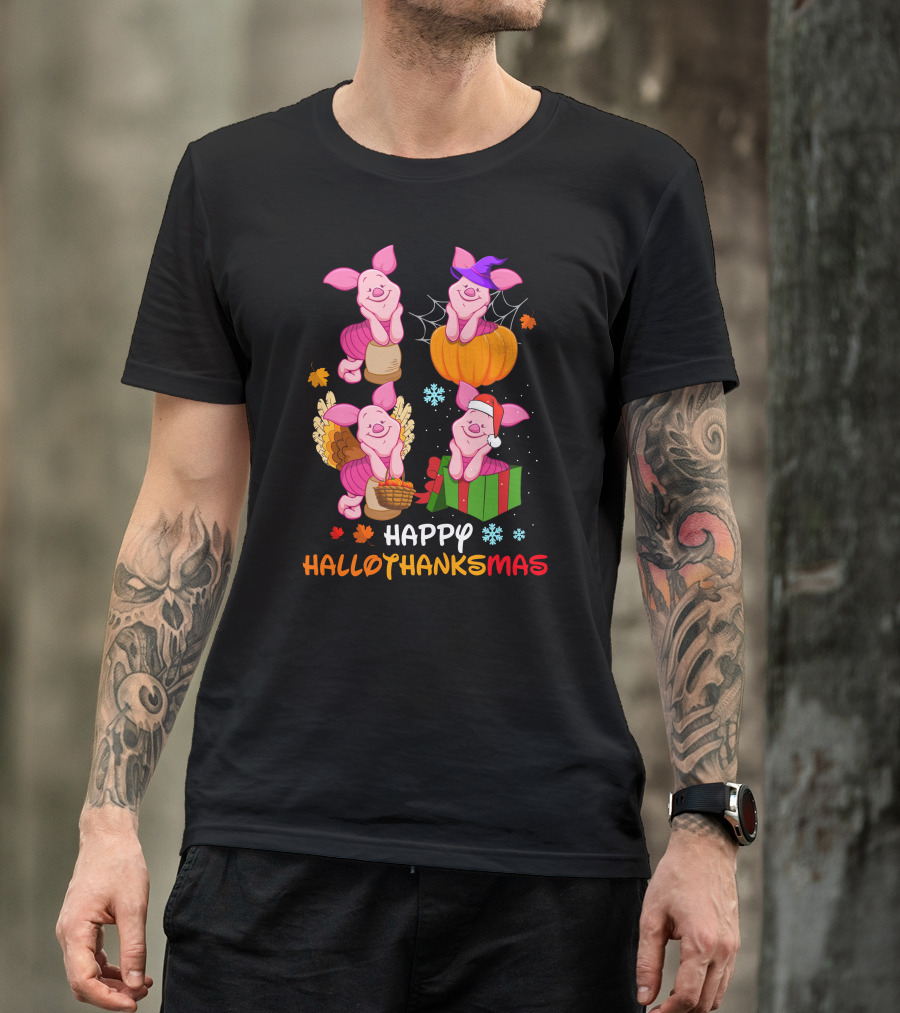 Happy Hallothanksmas Piglet Pumpkin Turkey Gift T-Shirt