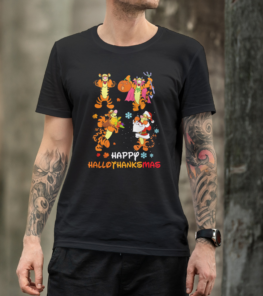 Happy Hallowthanksmas Tigger Pumpkin Basket Santa Snowflakes T-Shirt