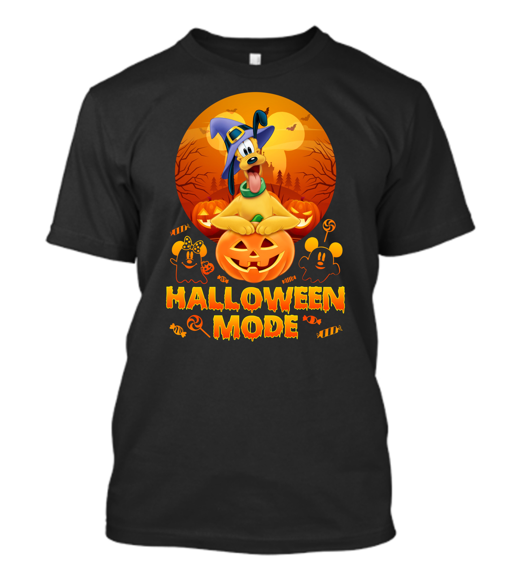 Pluto Halloween Mode With Witch Hat And Pumpkin Decorations T-Shirt