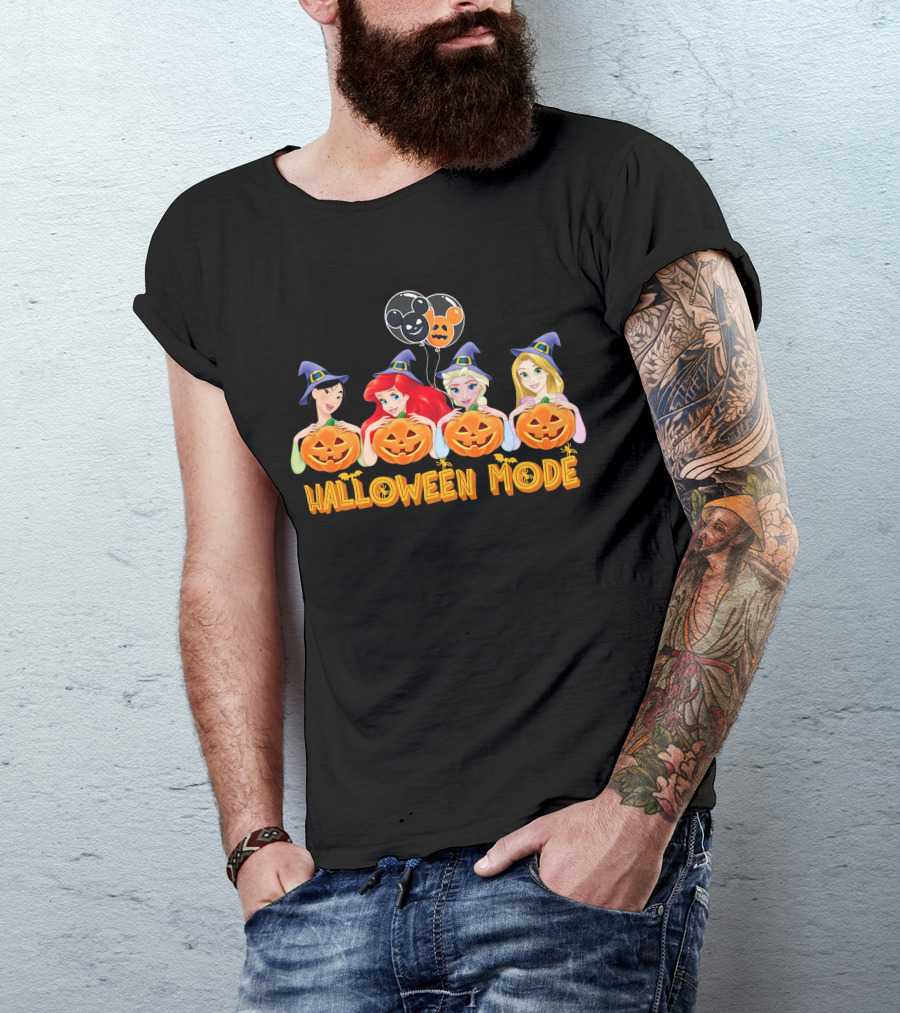 Halloween Mode Princess Characters With Pumpkins And Mickey Balloons T-Shirt