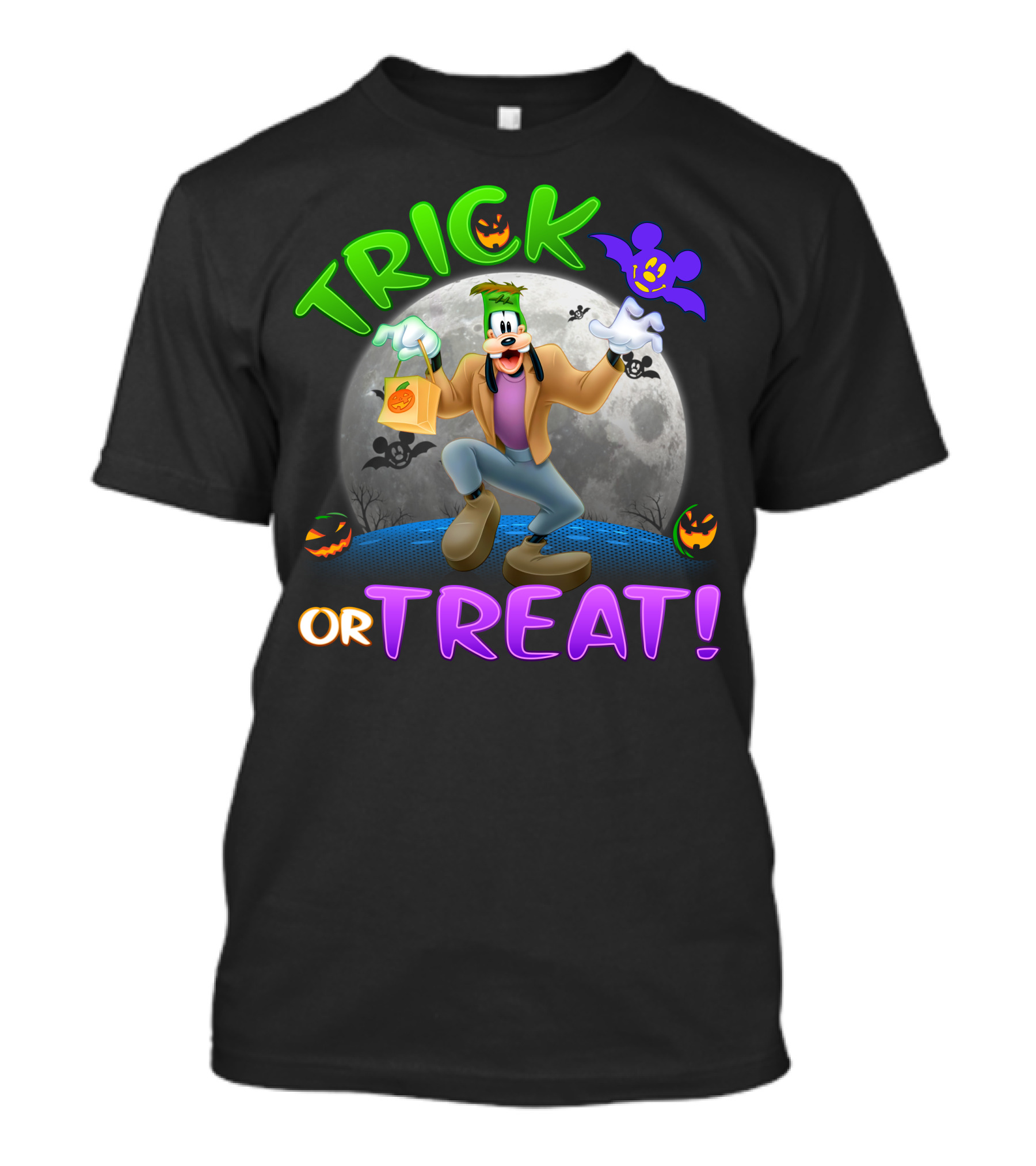 Trick Or Treat Goofy Halloween Moon Bat Pumpkin T-Shirt