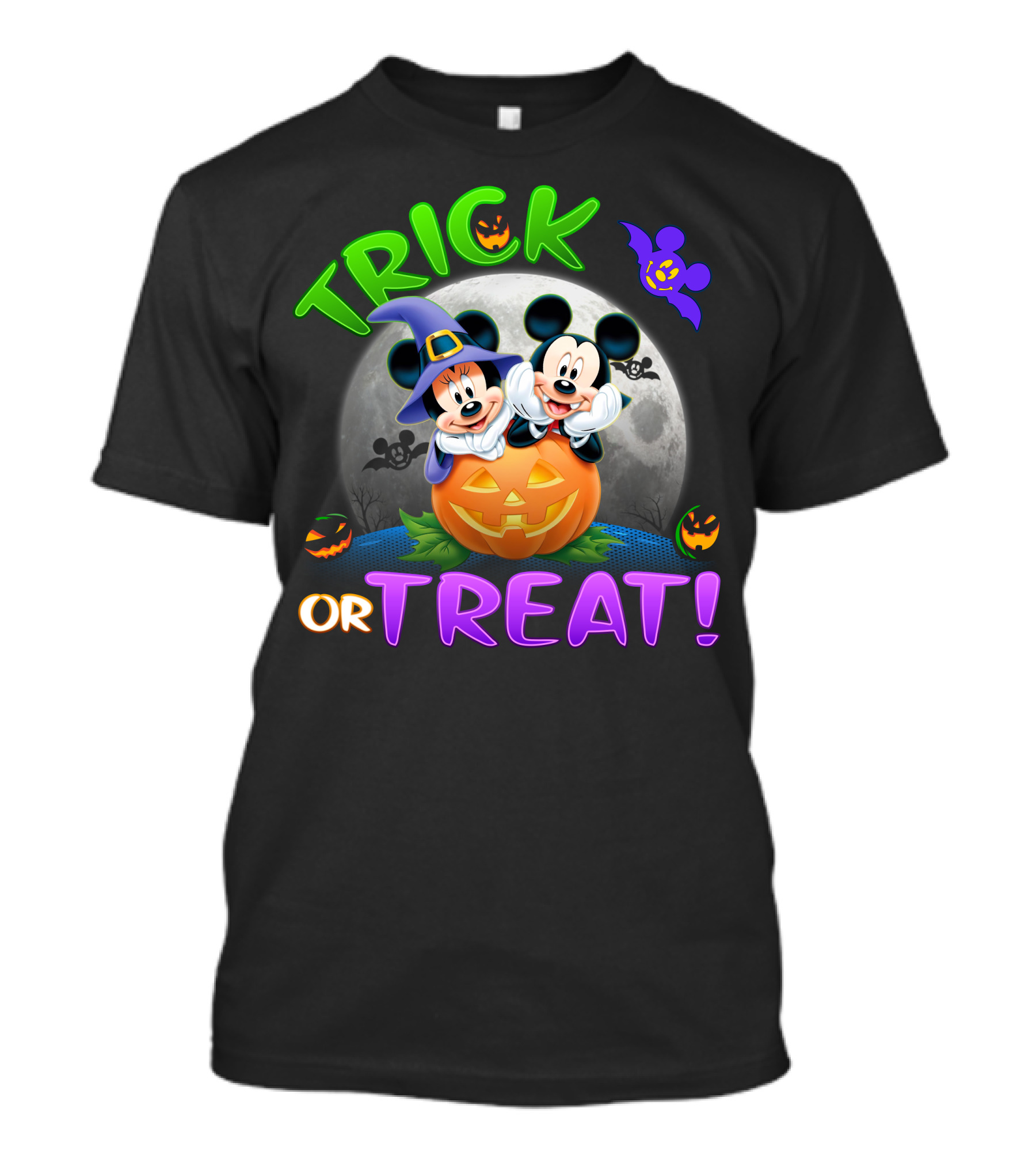 Trick Or Treat Mickey And Minnie Halloween Pumpkin Moon Bat T-Shirt