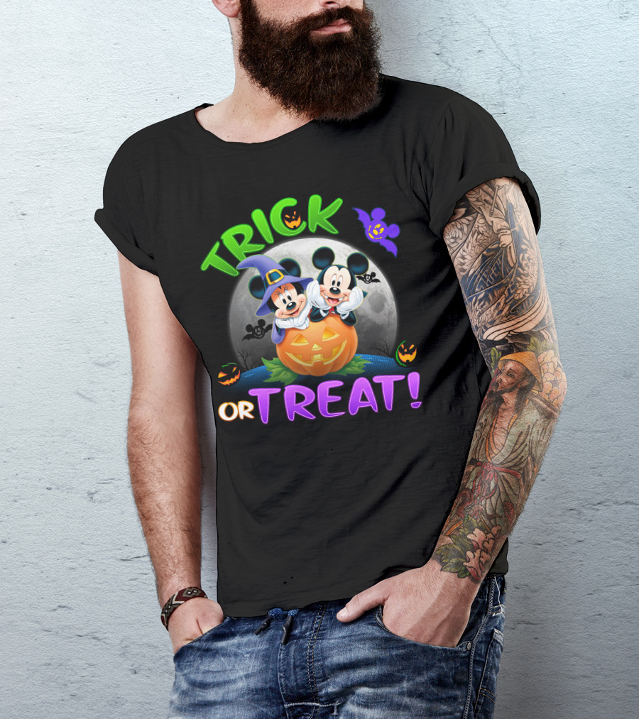Trick Or Treat Mickey And Minnie Halloween Pumpkin Moon Bat T-Shirt