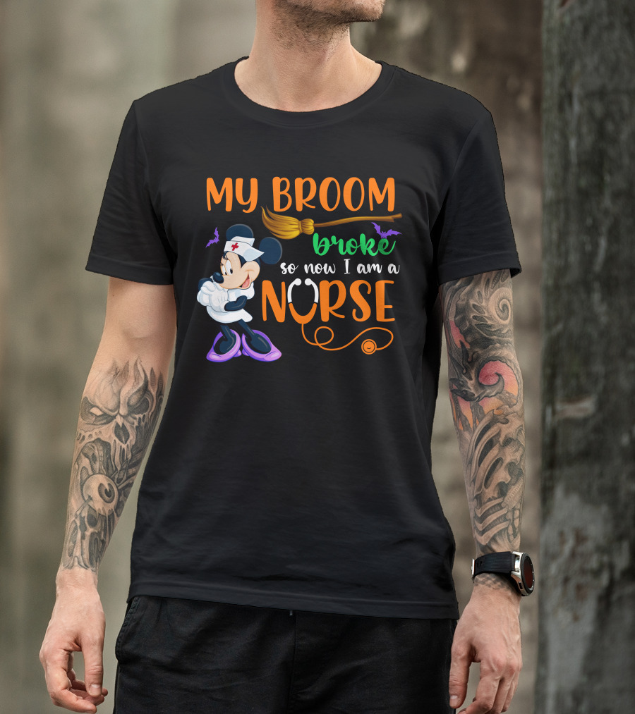 Minnie Mouse My Broom Broke So Now I Am A Nurse Halloween T-Shirt