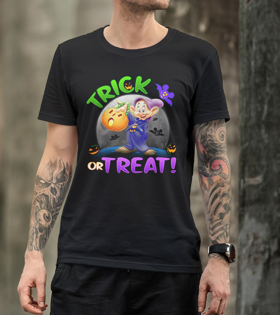 Trick Or Treat Dopey Halloween Disney Character With Pumpkin And Bat T-Shirt