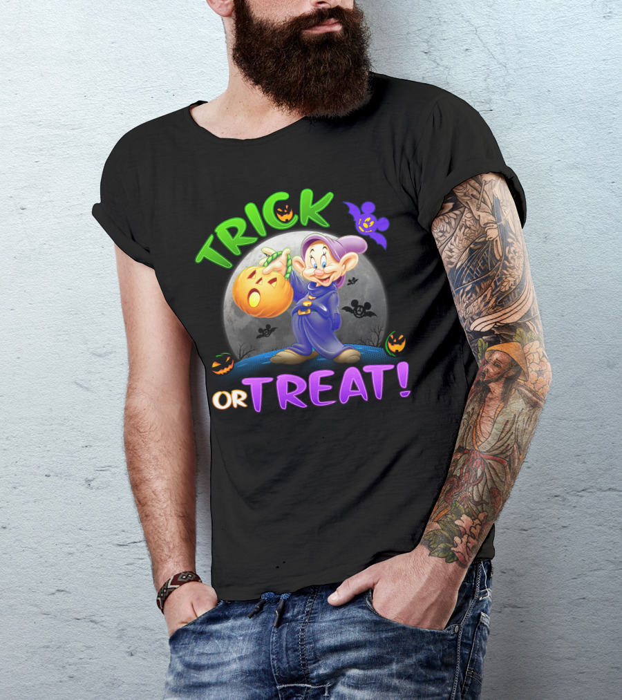 Trick Or Treat Dopey Halloween Disney Character With Pumpkin And Bat T-Shirt