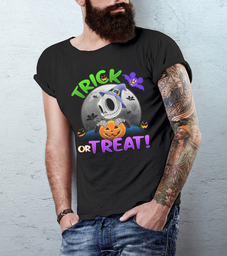 Trick Or Treat Jack Skellington In Halloween Moon With Pumpkins And Purple Bat T-Shirt