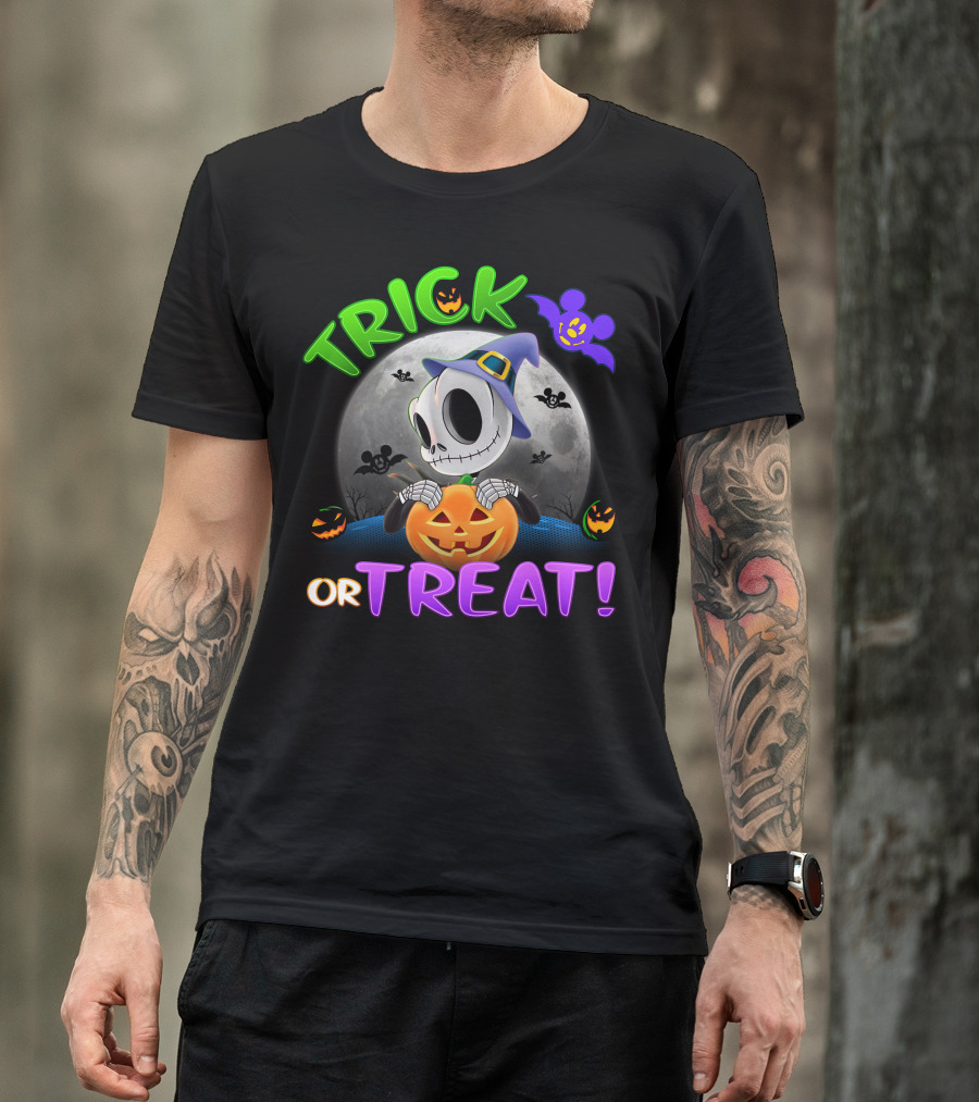 Trick Or Treat Jack Skellington Halloween Moon Bat Pumpkin T-Shirt