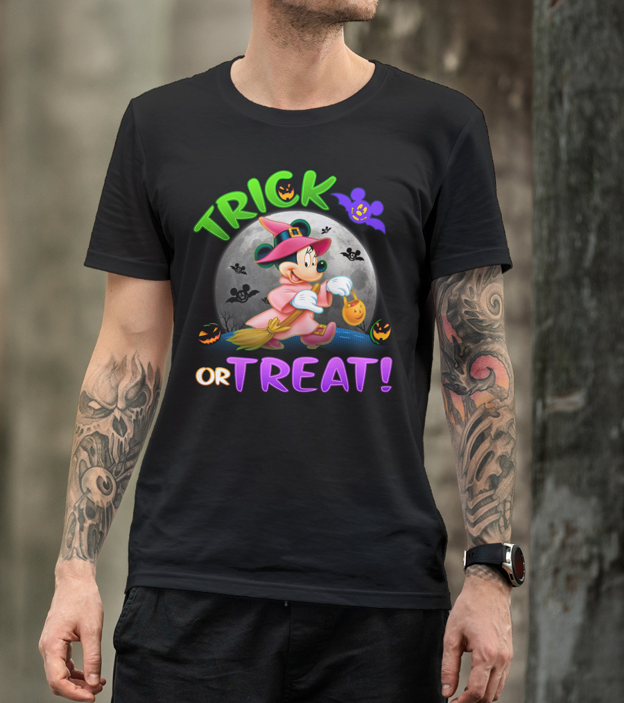 Trick Or Treat Minnie Halloween Witch Costume Broom Moon Bats Pumpkins T-Shirt