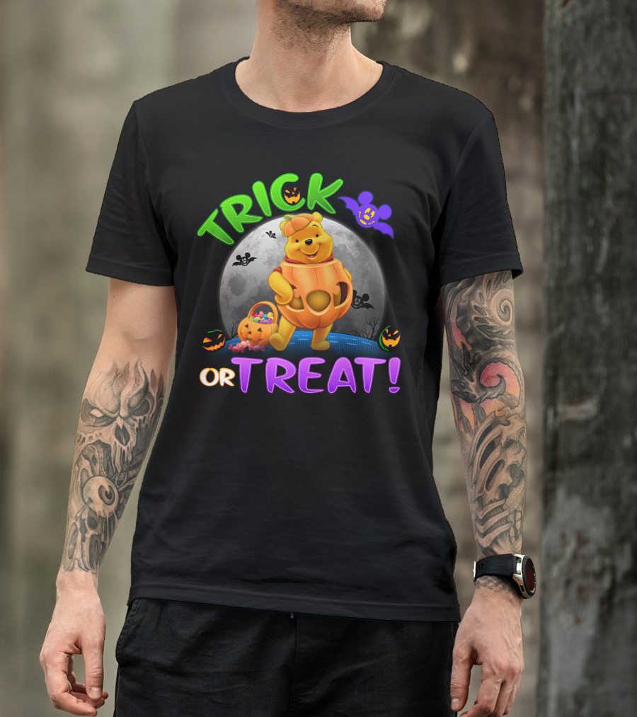 Trick Or Treat Pooh Halloween Moon Bats And Pumpkins T-Shirt