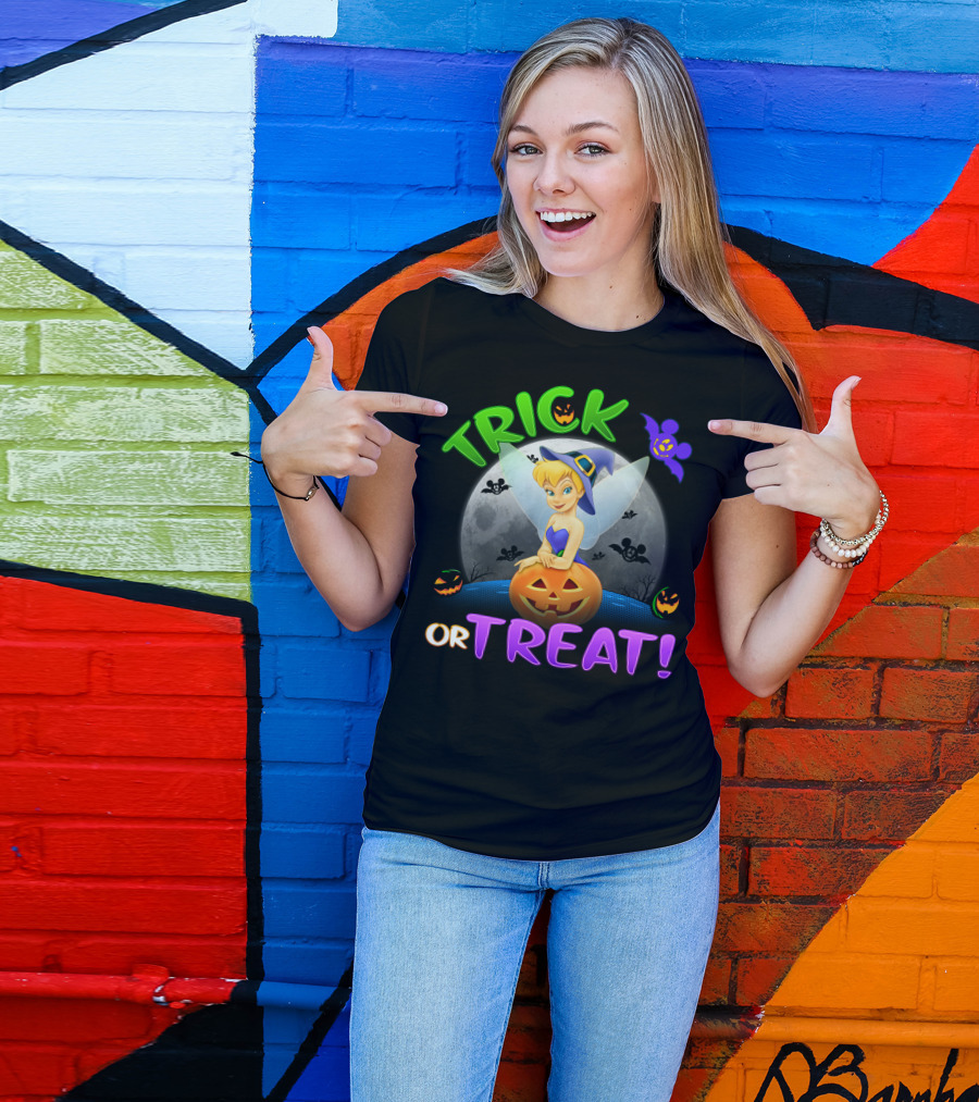 Trick Or Treat Tinker Bell Halloween Jack-O'-Lantern Moon Bat Mickey Ears T-Shirt