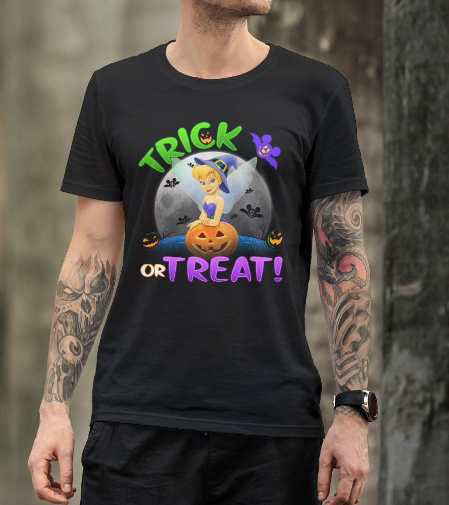 Trick Or Treat Tinker Bell Halloween Jack-O'-Lantern Moon Bat Mickey Ears T-Shirt