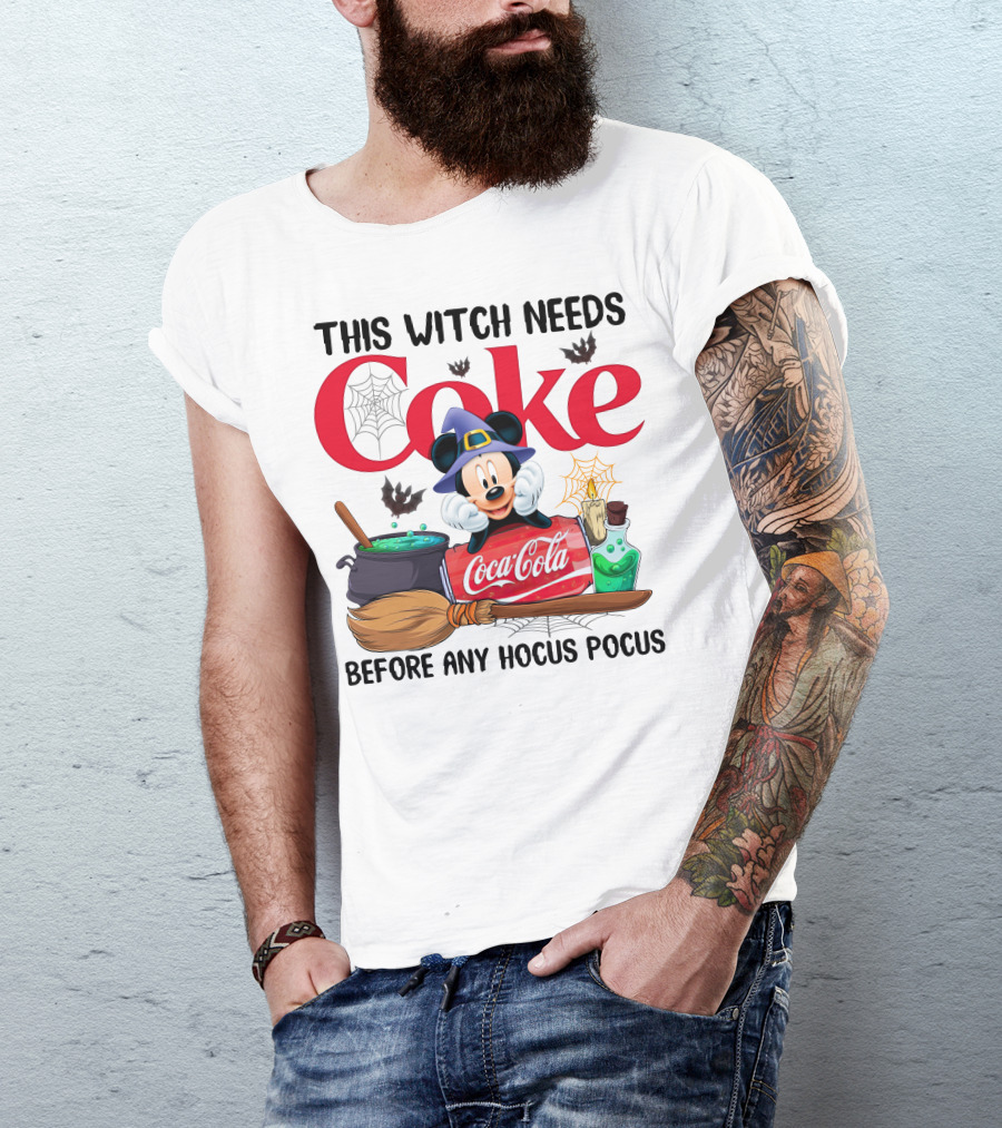 This Witch Needs Coke With Mickey Mouse Before Any Hocus Pocus Coca-Cola Magic Cauldron Broom Potion T-Shirt