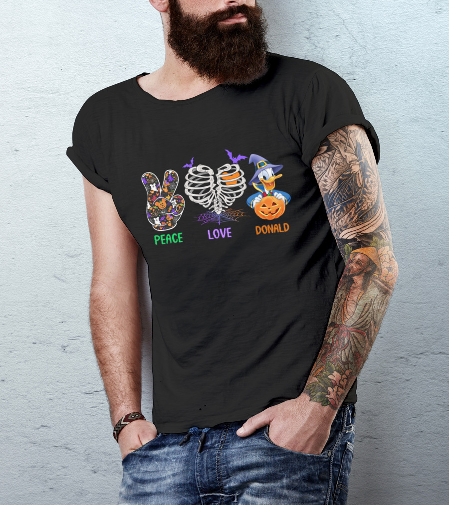 Peace Love Donald Halloween Duck With Pumpkin And Bats T-Shirt