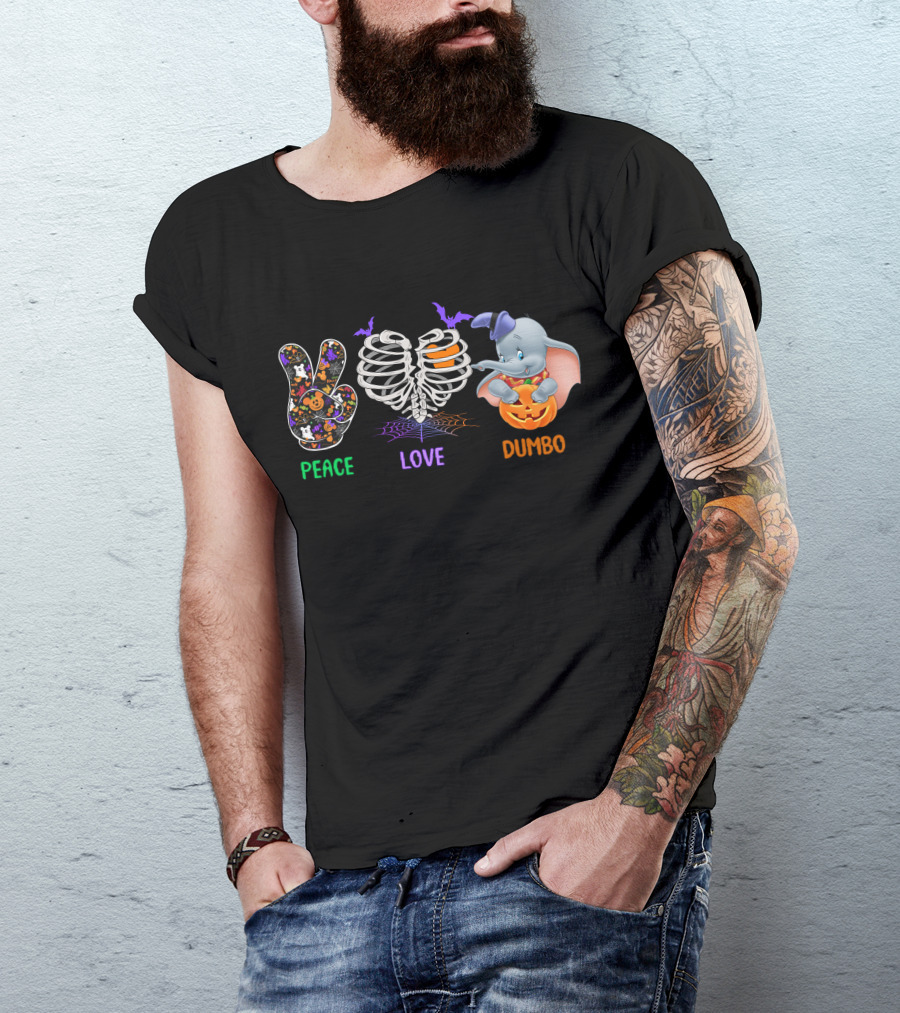 Peace Love Dumbo Halloween Pumpkin Skeleton T-Shirt