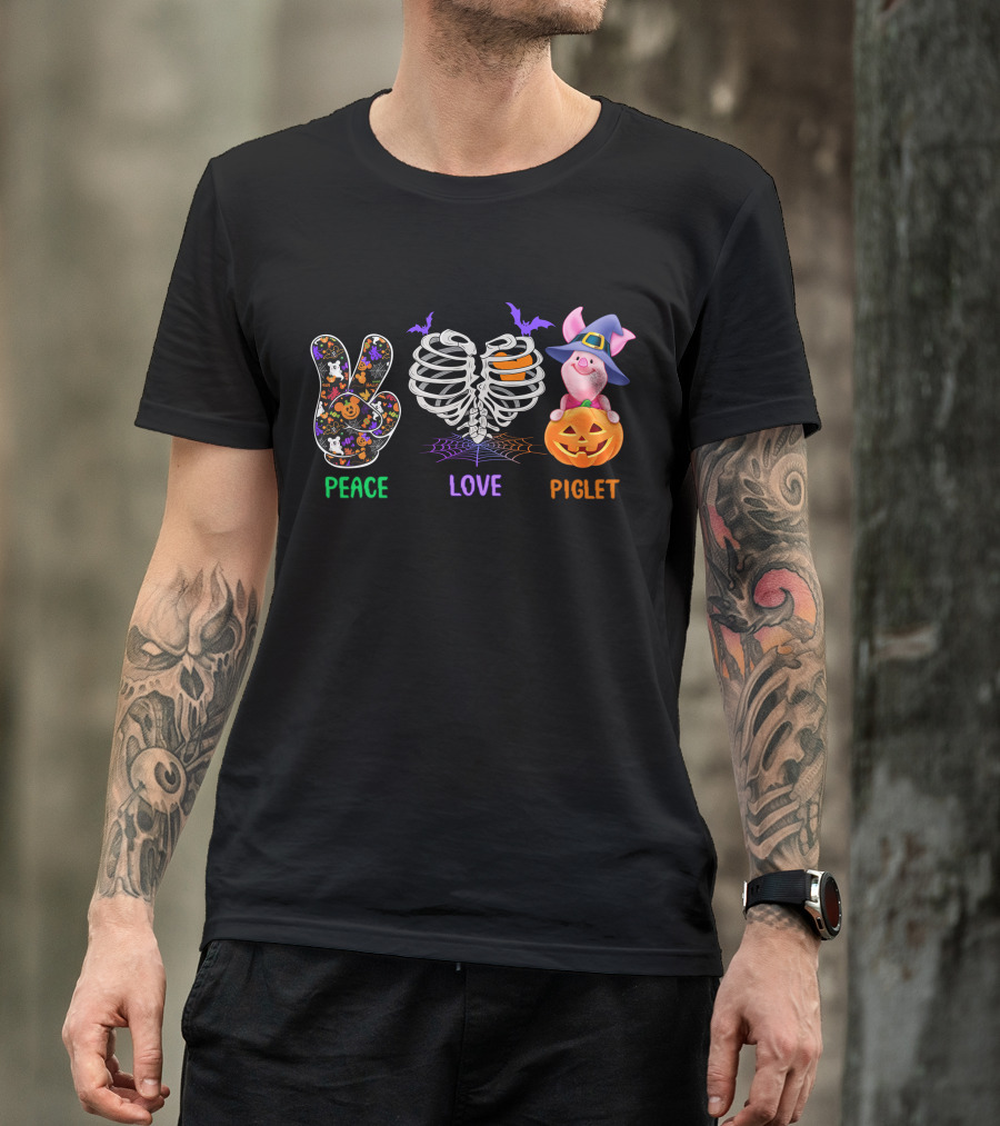Peace Love Piglet Halloween Theme Pumpkin Skeleton Bats T-Shirt