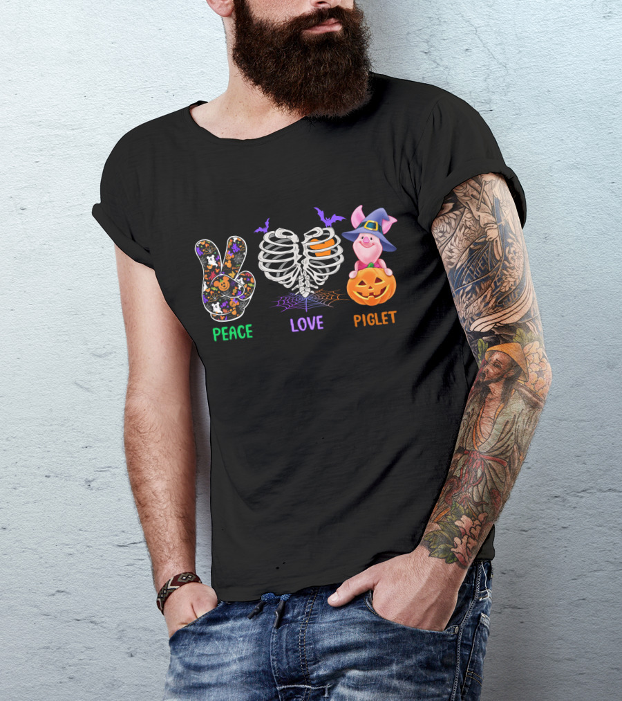 Peace Love Piglet Halloween Theme Pumpkin Skeleton Bats T-Shirt