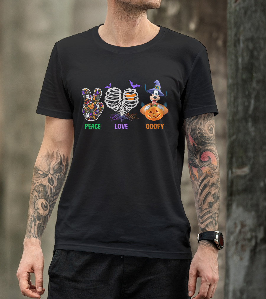Peace Love Goofy Halloween Skeleton Ribcage Pumpkin And Bat Icons T-Shirt