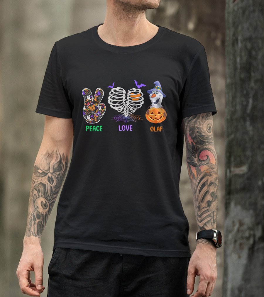 Peace Love Olaf Halloween Pumpkin Skeleton Bats T-Shirt